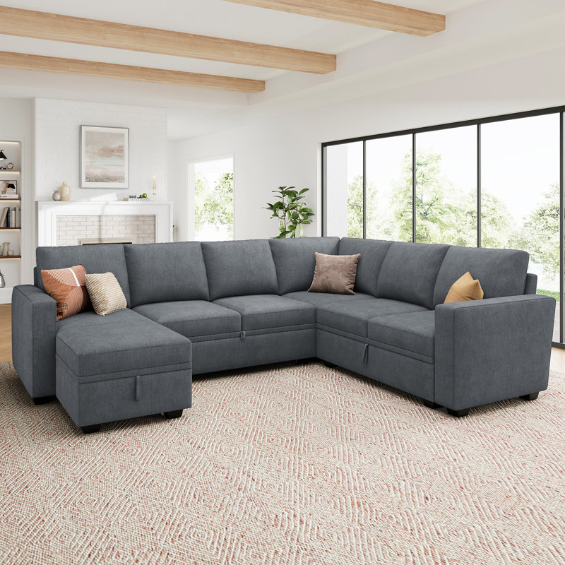 Latitude Run U Shaped Sleeper Sectional Modular Sofa Bed with Storage Chaise Latitude Run Body Fabric Light Gray Polyester